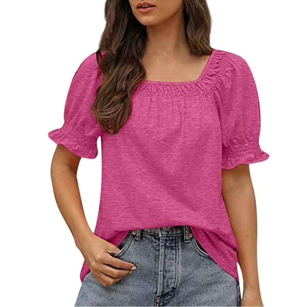 NEW Magenta Pink Short Puff Sleeve Shirred Neck Knit Top Size Extra Large
